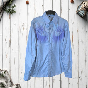 Vintage Cabral Blue Western Shirt w Stitched Bird Appliqués Men Size Medium